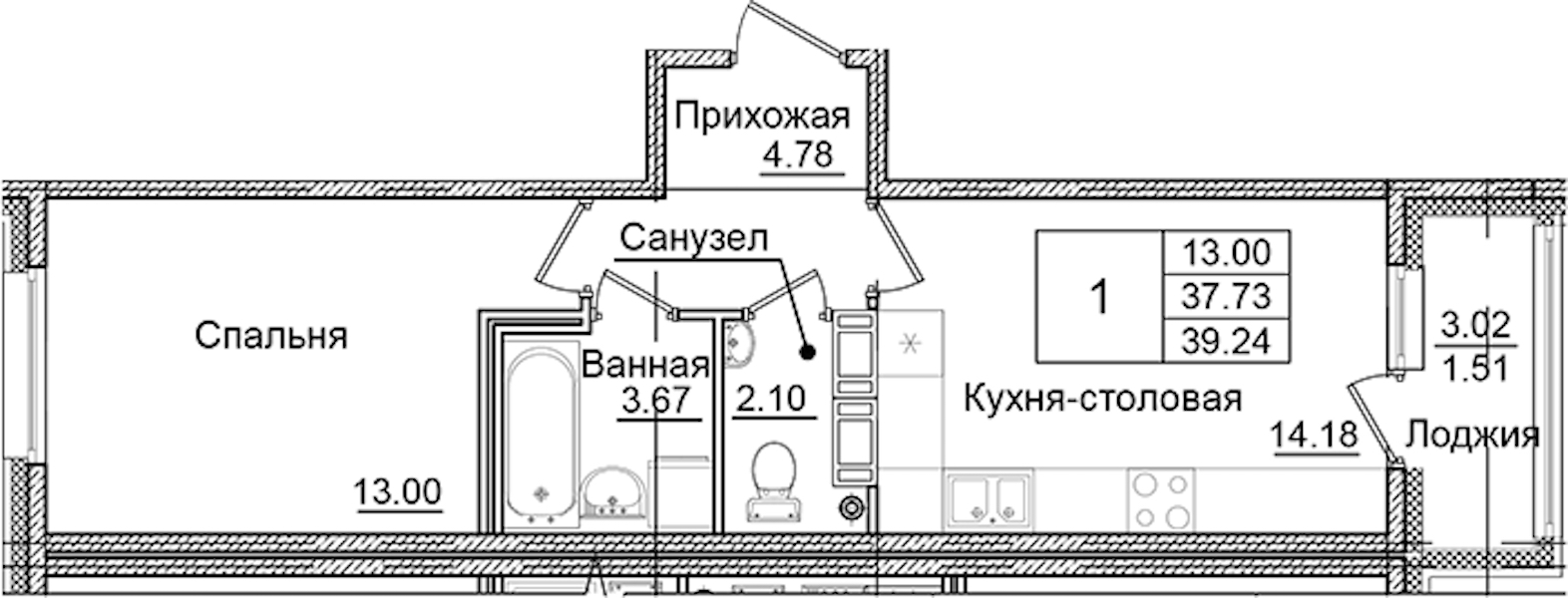 1-комнатная квартира 39.24 м², 6/9 эт., ЖК «Квартал Заречье»